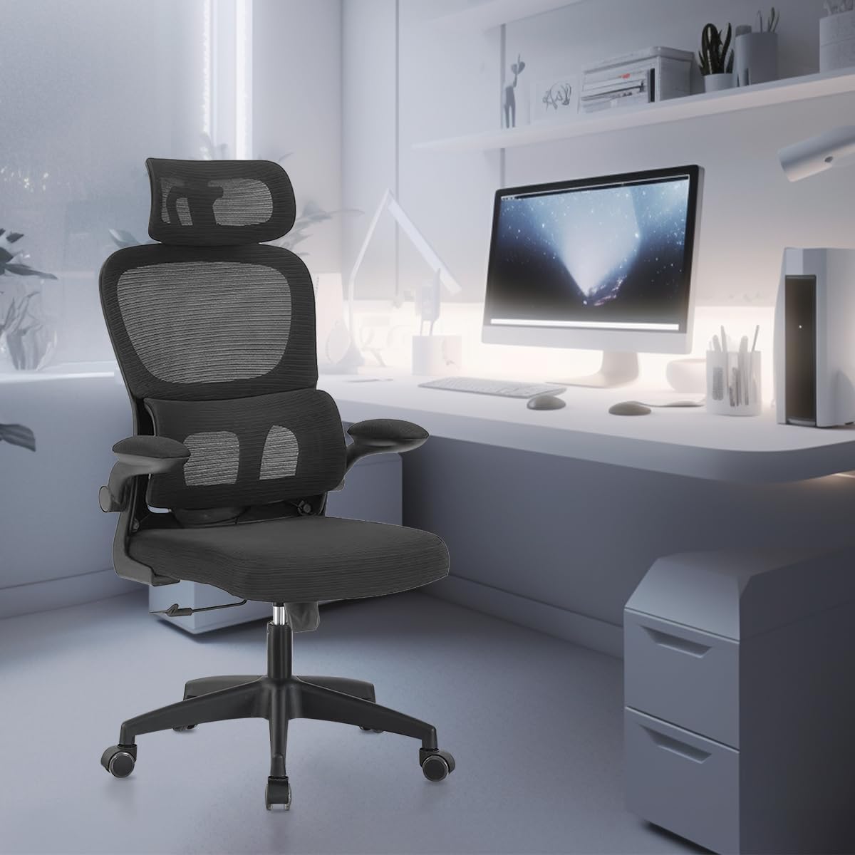 Cadeira de escritório, design ergonômico com suporte lombar independente, malha respirável e encosto de cabeça ajustável (Preto)